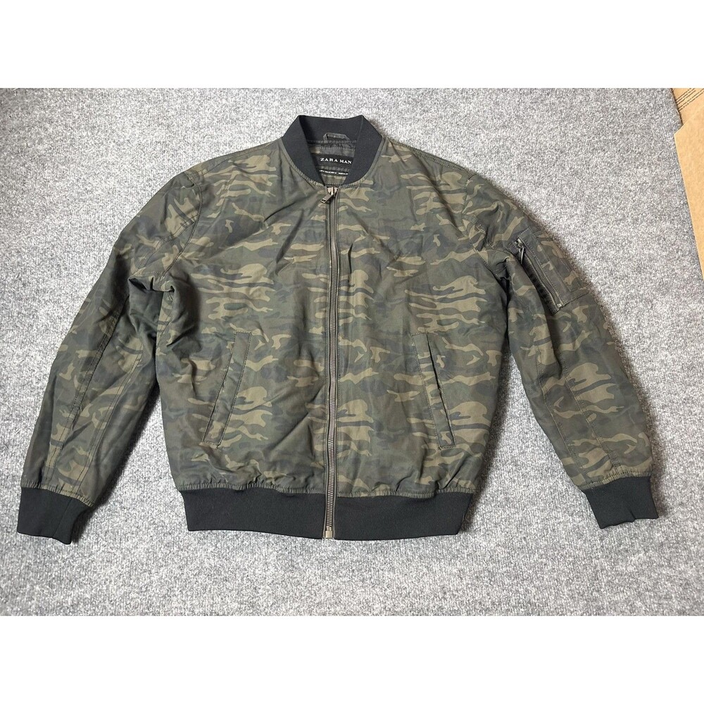 Zara Man Jacket Mens M Green Camo Bomber Full Zip Pockets Lined Polyester